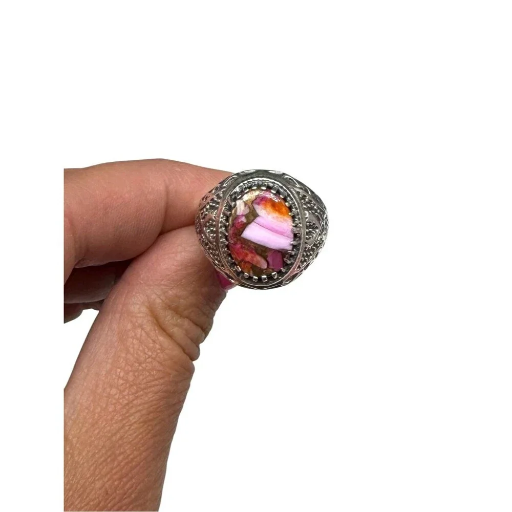 Kingman Pink Dahlia Turquoise Ring Size 10 Solid 925 Sterling Silver Oval